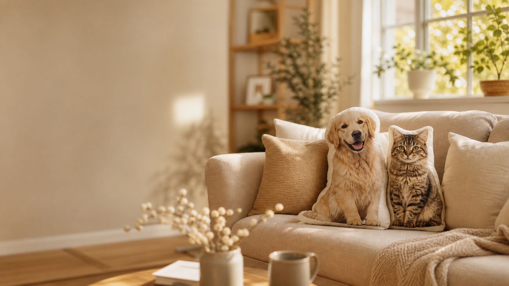 Trois coussins personnalisés en forme de chien, chat et lapin sur canapé