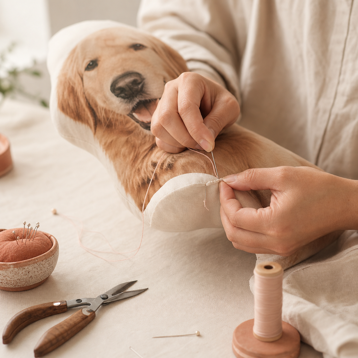 Artisan cousant les bords arrondis du coussin