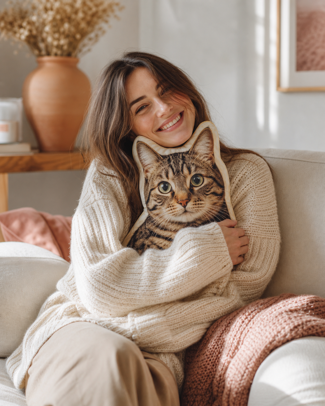 Jeune femme câlinant un coussin personnalisé à l’effigie de son chat