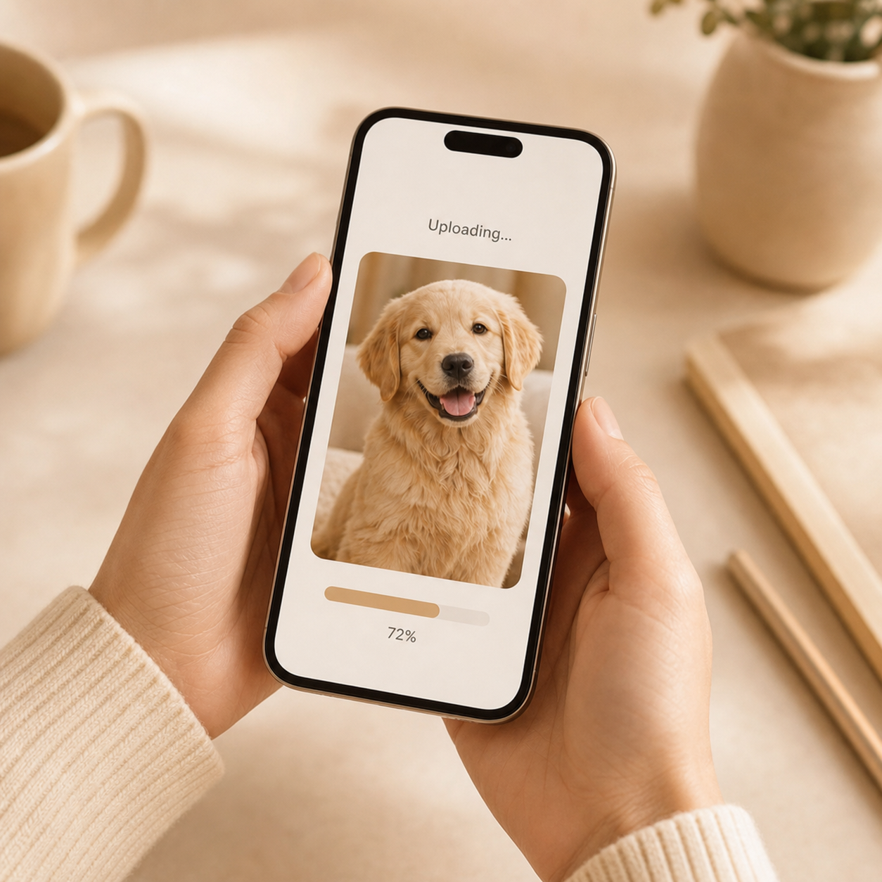 Mains tenant un smartphone montrant la photo d’un chien